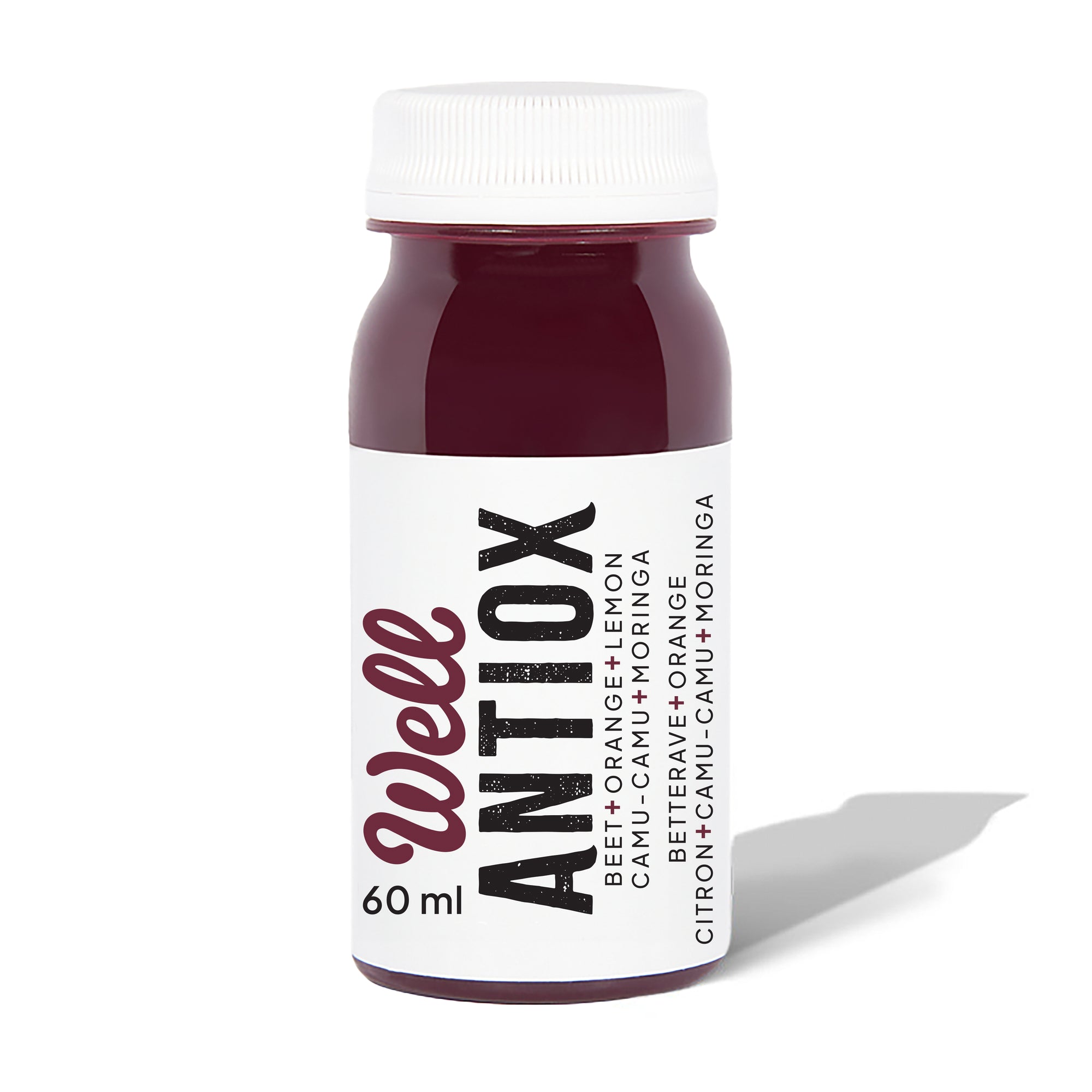 Well Juicery Antiox Elixir Box front view – 24‑pack wellness shots with beet juice, lemon juice, orange juice, camu‑camu, and moringa
