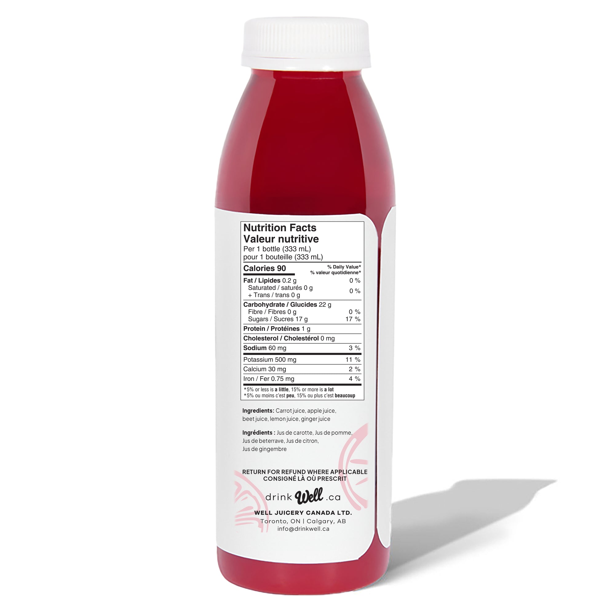 Well Juicery Be WELL cold‑pressed juice bottle back view showing nutrition information and ingredients label