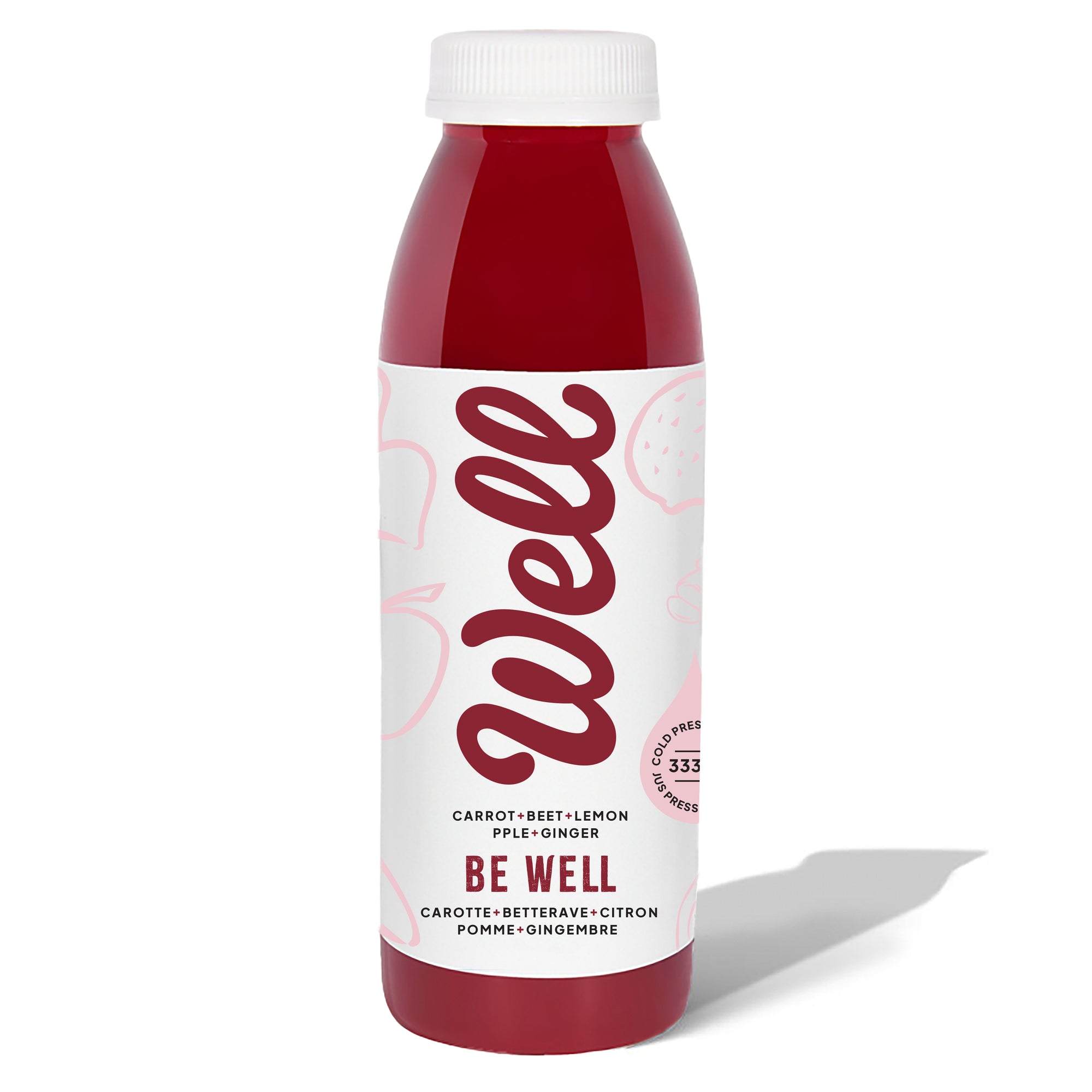 Well Juicery Be WELL cold‑pressed juice bottle front view – master liver tonic blend with carrot, apple, beet, lemon, and ginger