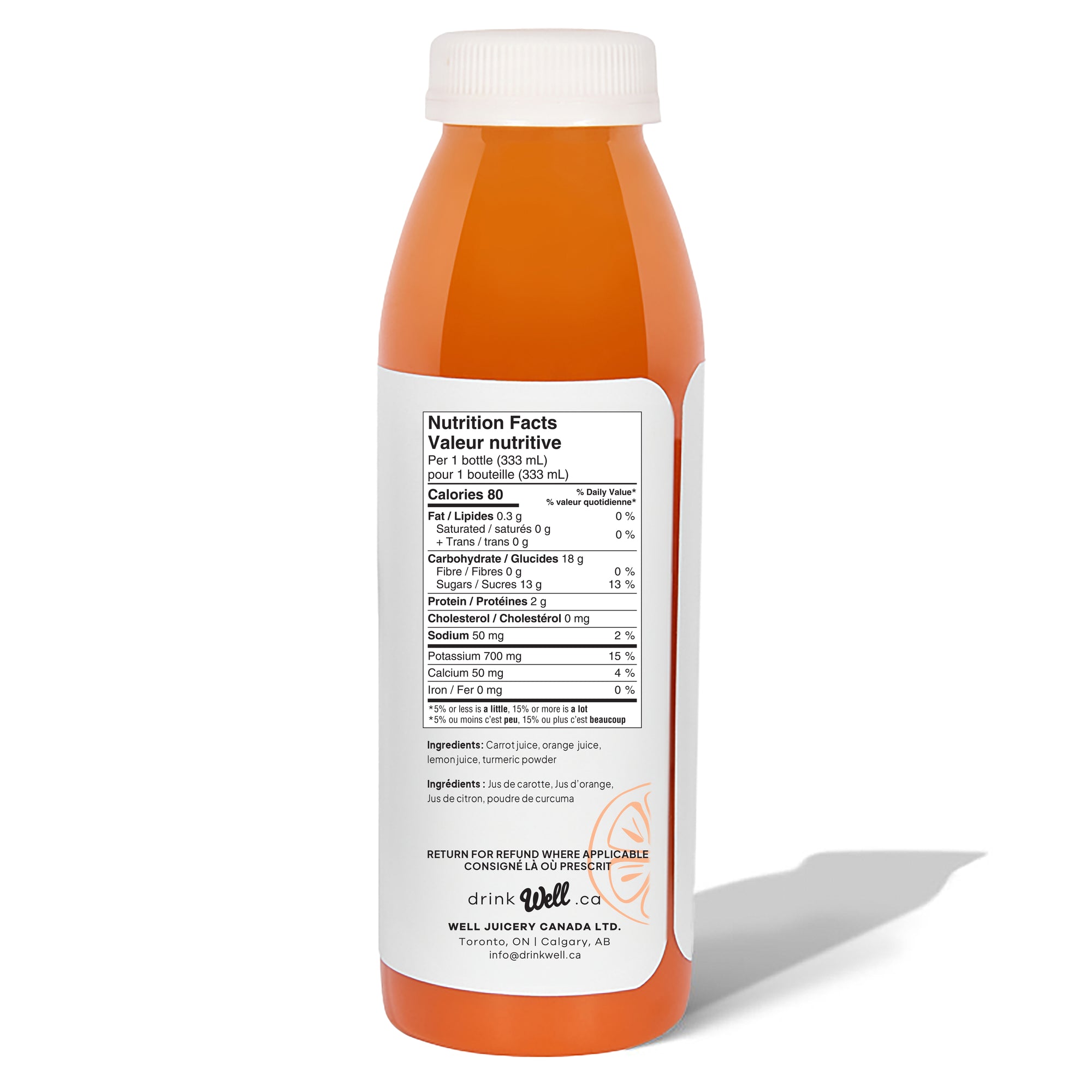 Well Juicery C Well cold‑pressed juice bottle back view showing nutrition facts and ingredients label