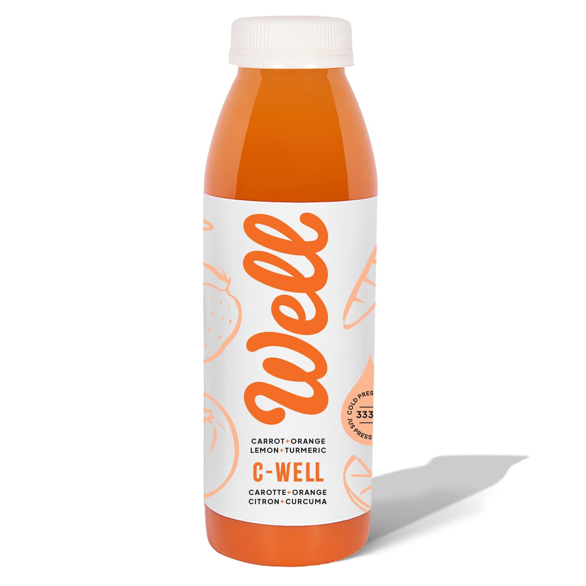 Well Juicery C Well cold‑pressed juice bottle front view - antioxidant blend of carrot, orange, lemon, and turmeric