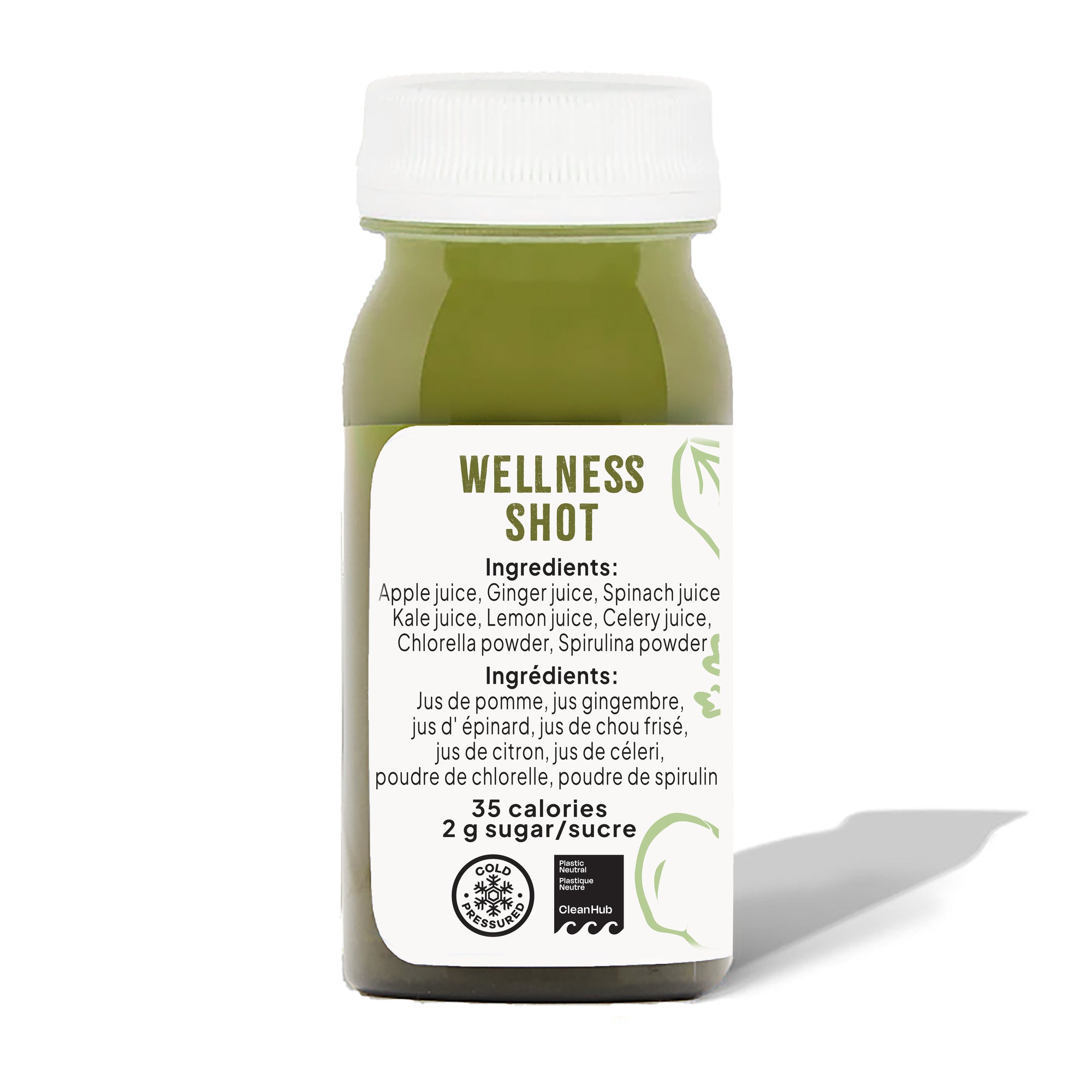 Well Juicery Green+ wellness shots back view showing nutrition information and ingredients label
