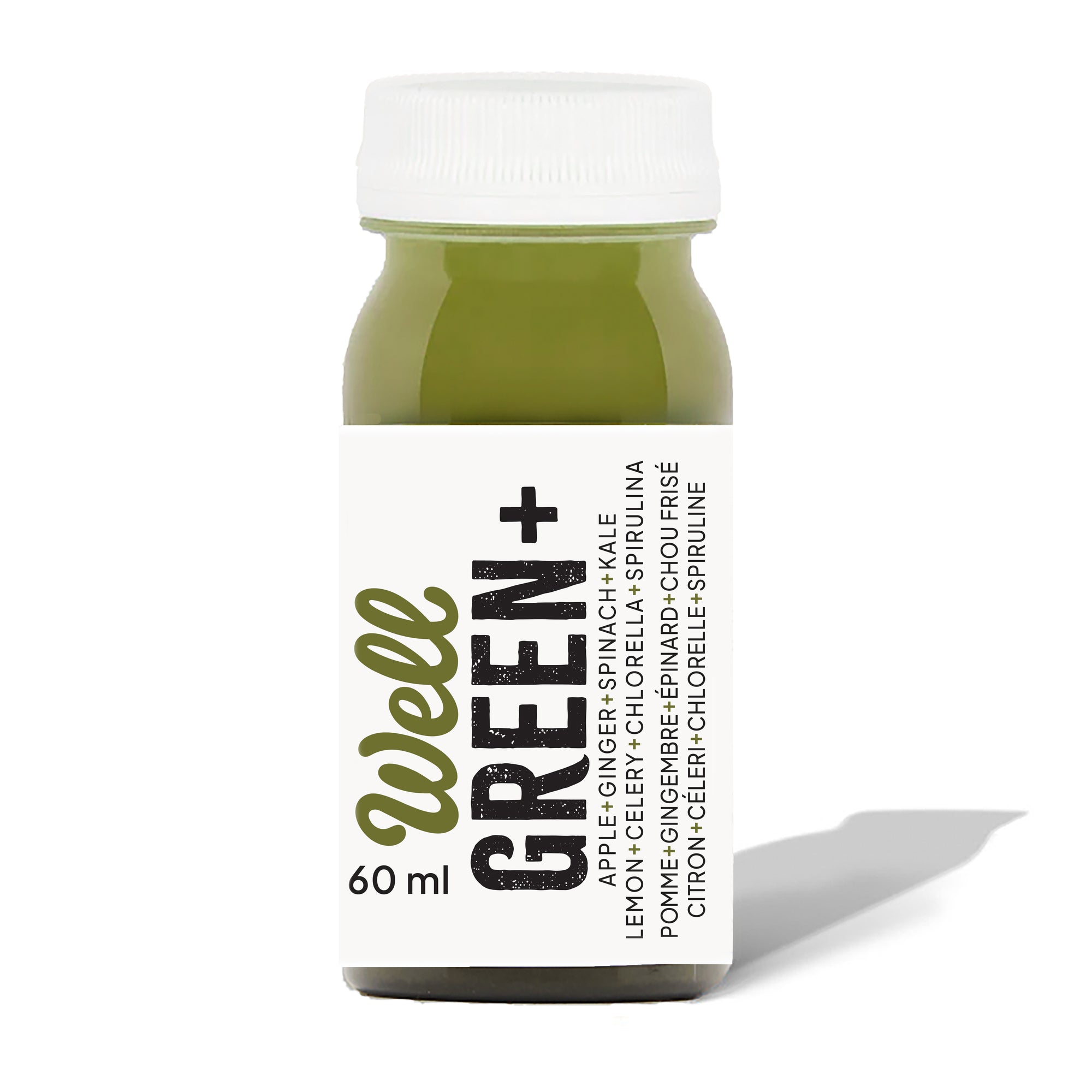 Well Juicery Green+ wellness shots front view – 24‑pack with apple, ginger, spinach, kale, lemon, celery, chlorella, and spirulina