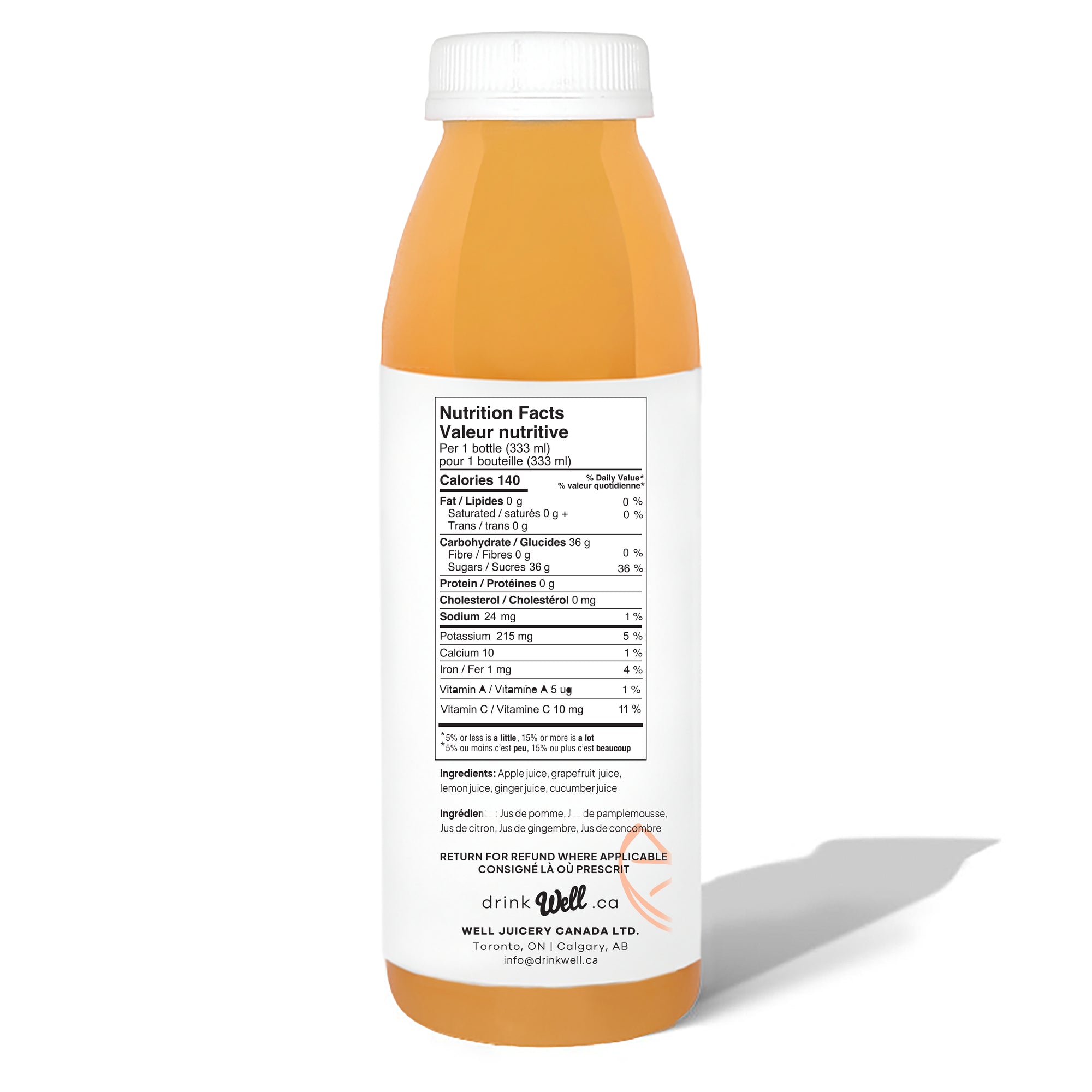 Well Juicery Refreshed cold-pressed juice bottle back view showing nutrition facts and ingredients label
