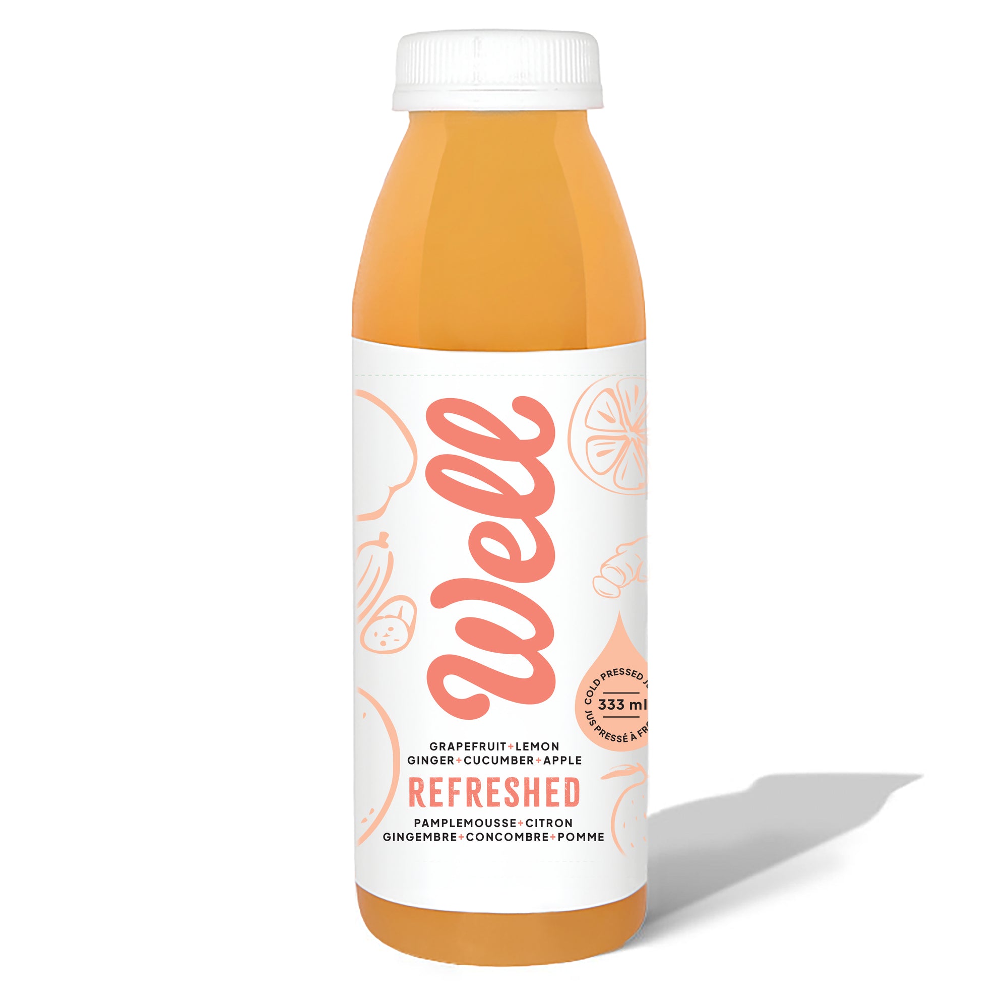 Well Juicery Refreshed cold-pressed juice bottle front view with cucumber, lemon, and mint ingredients