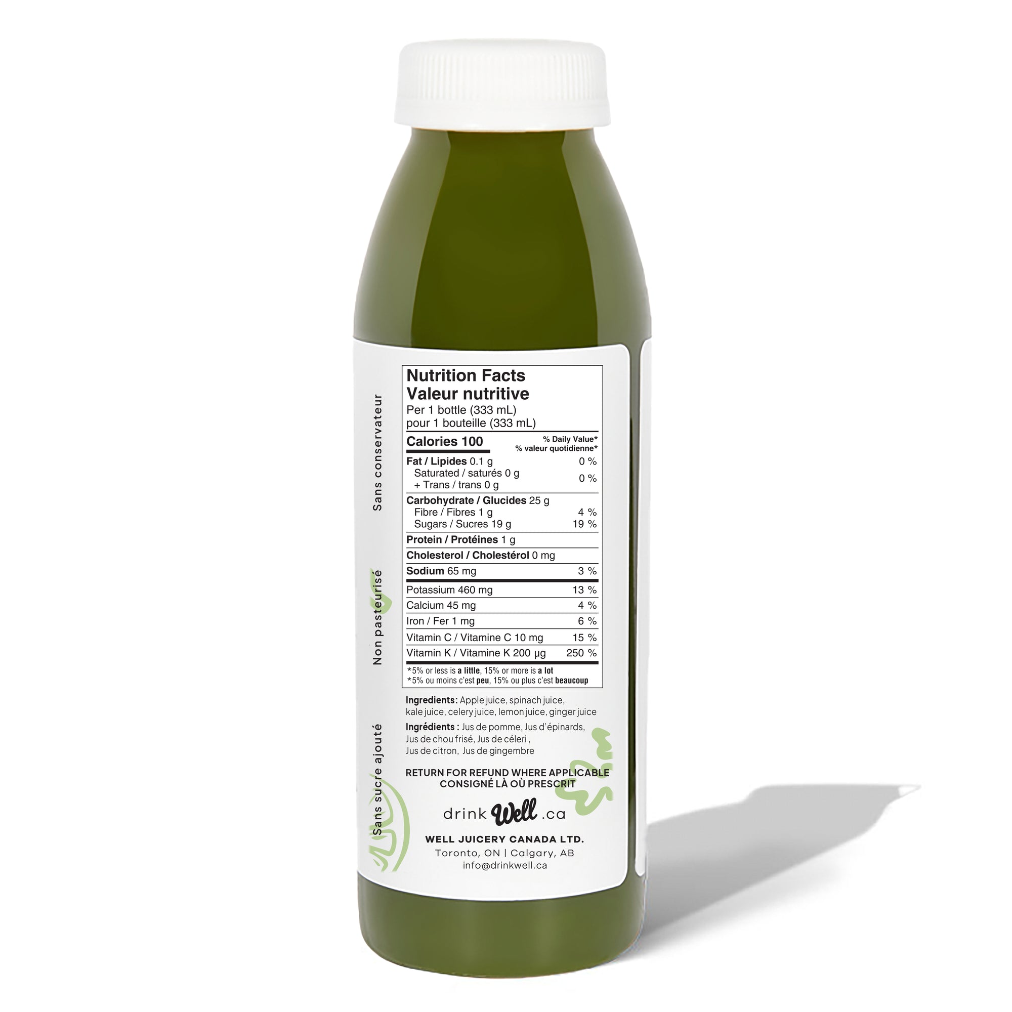 Well Juicery Well Greens cold‑pressed juice bottle back view showing nutrition facts and ingredients label