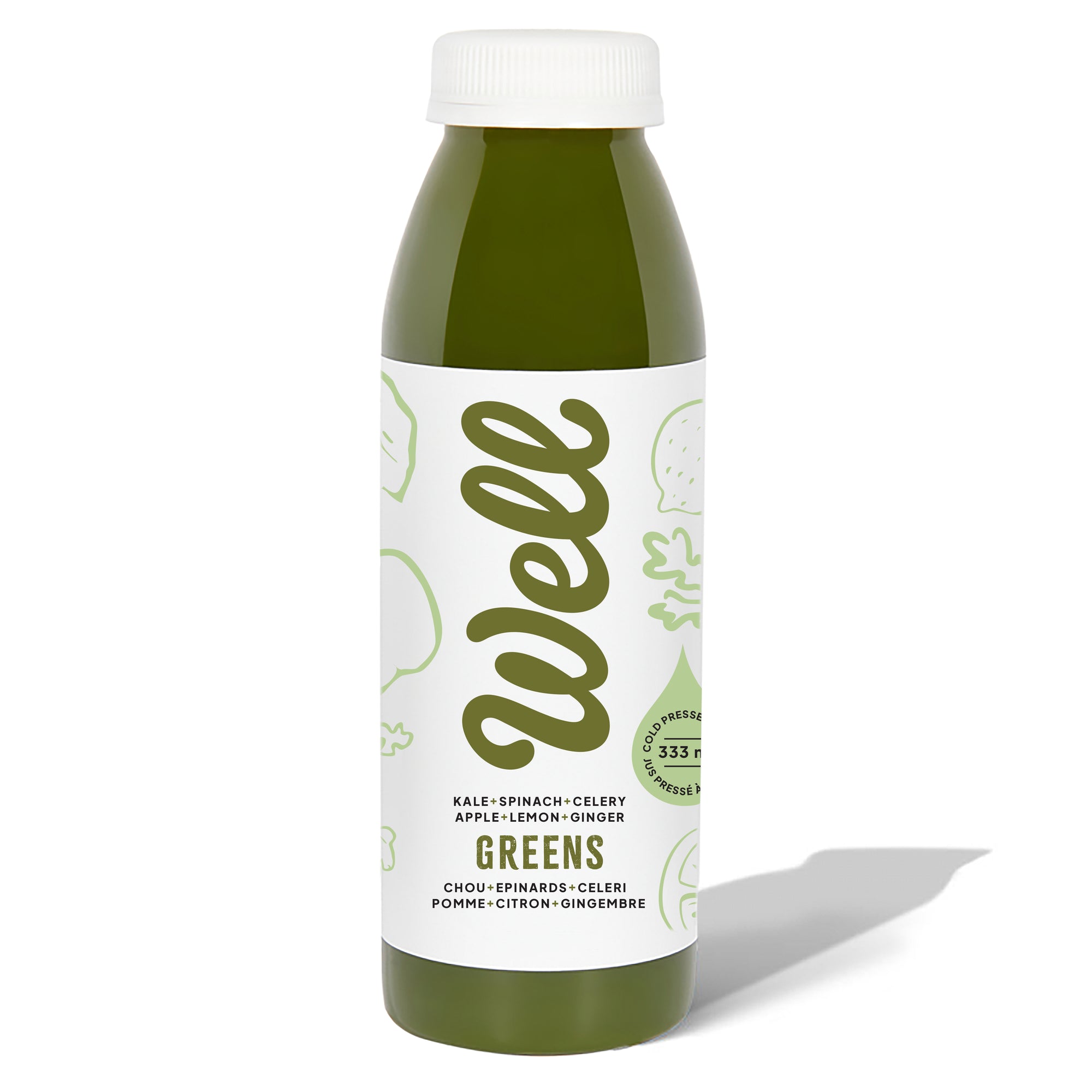 Well Juicery Well Greens cold‑pressed juice bottle front view – blend of apple, spinach, kale, celery, lemon, and ginger