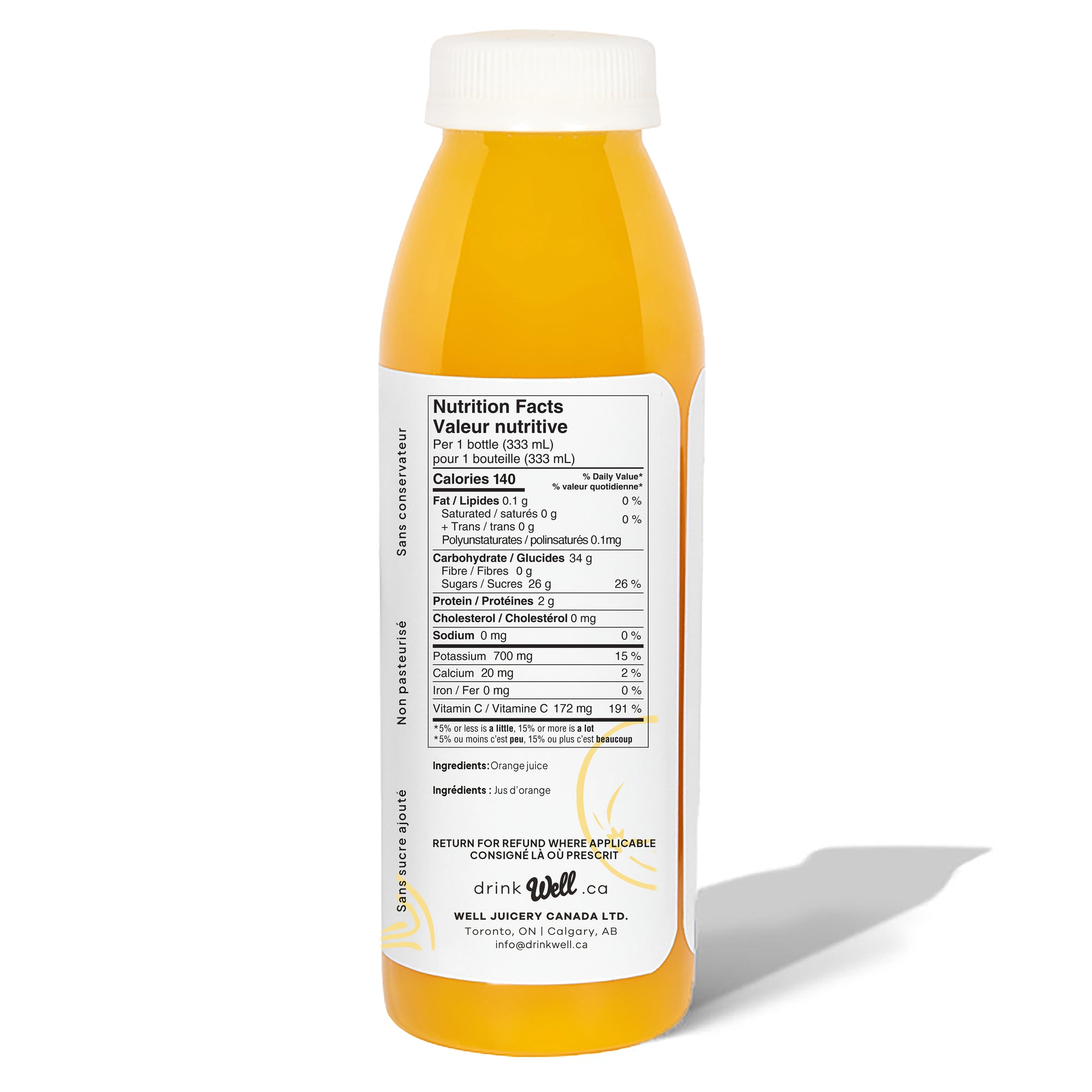 Well Juicery Well OJ cold‑pressed orange juice bottle back view showing nutrition facts label